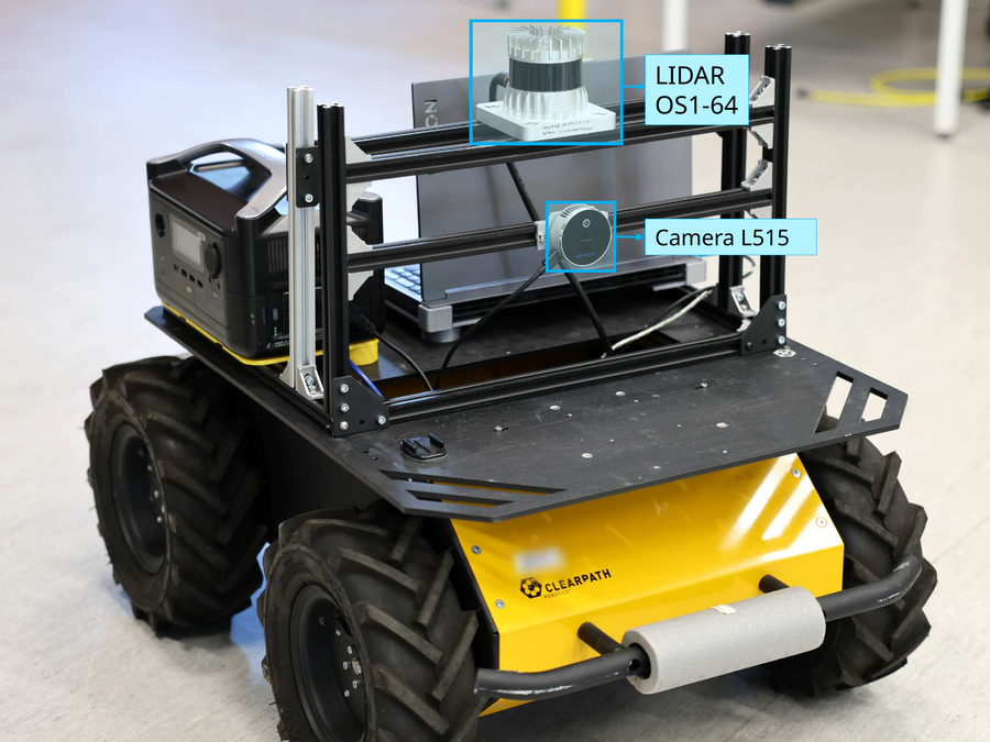 Clearpath Husky A200 with an Ouster OS1-64 LiDAR and an Intel RealSense L515 depth camera.